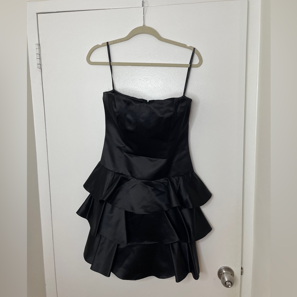 Calvin Klein black satin ruffle dress with sweetheart neckline